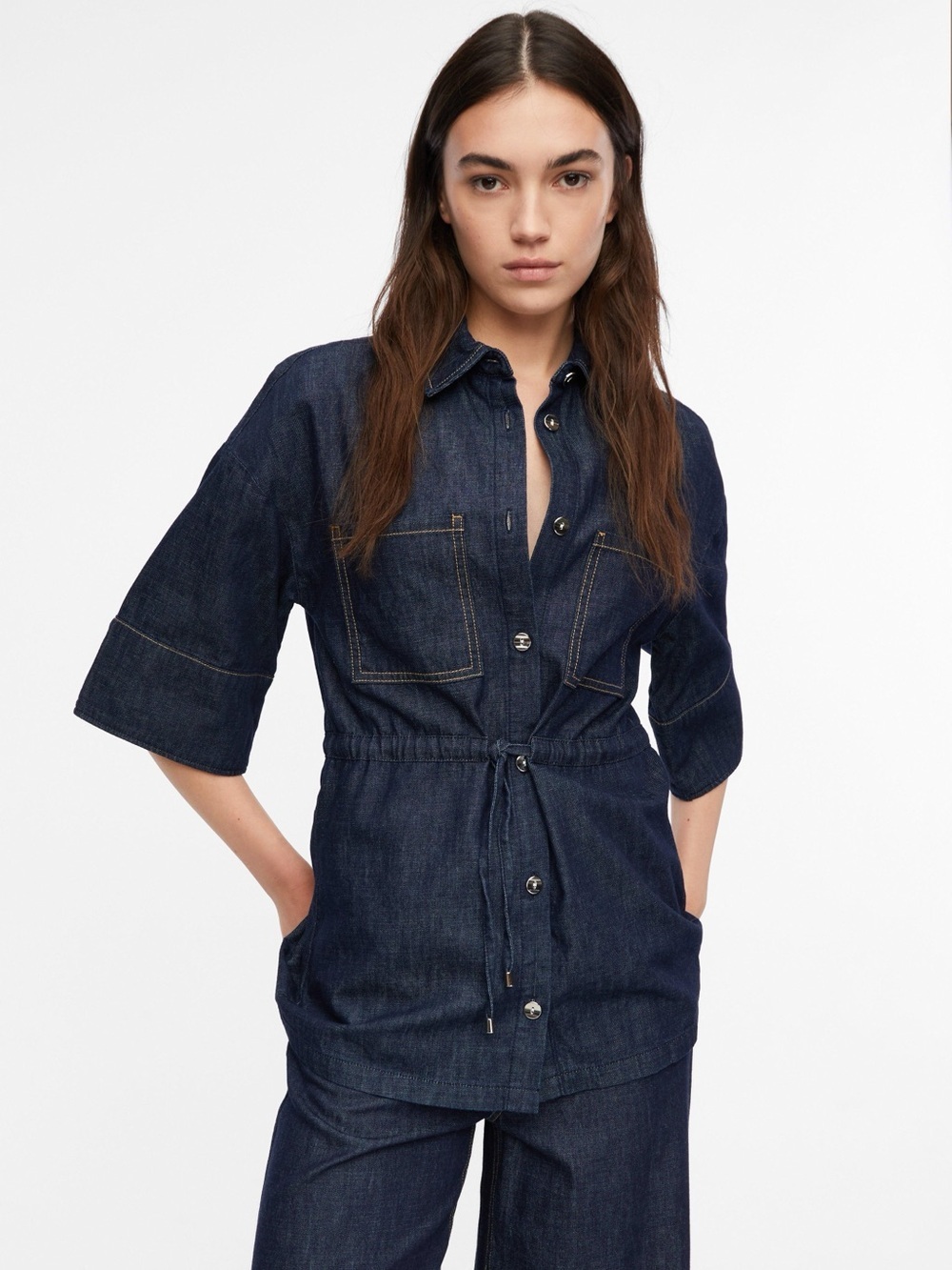 Zara Denim Button Front Blouse Drawstring Waist Cotton Linen Blend Size S NWT